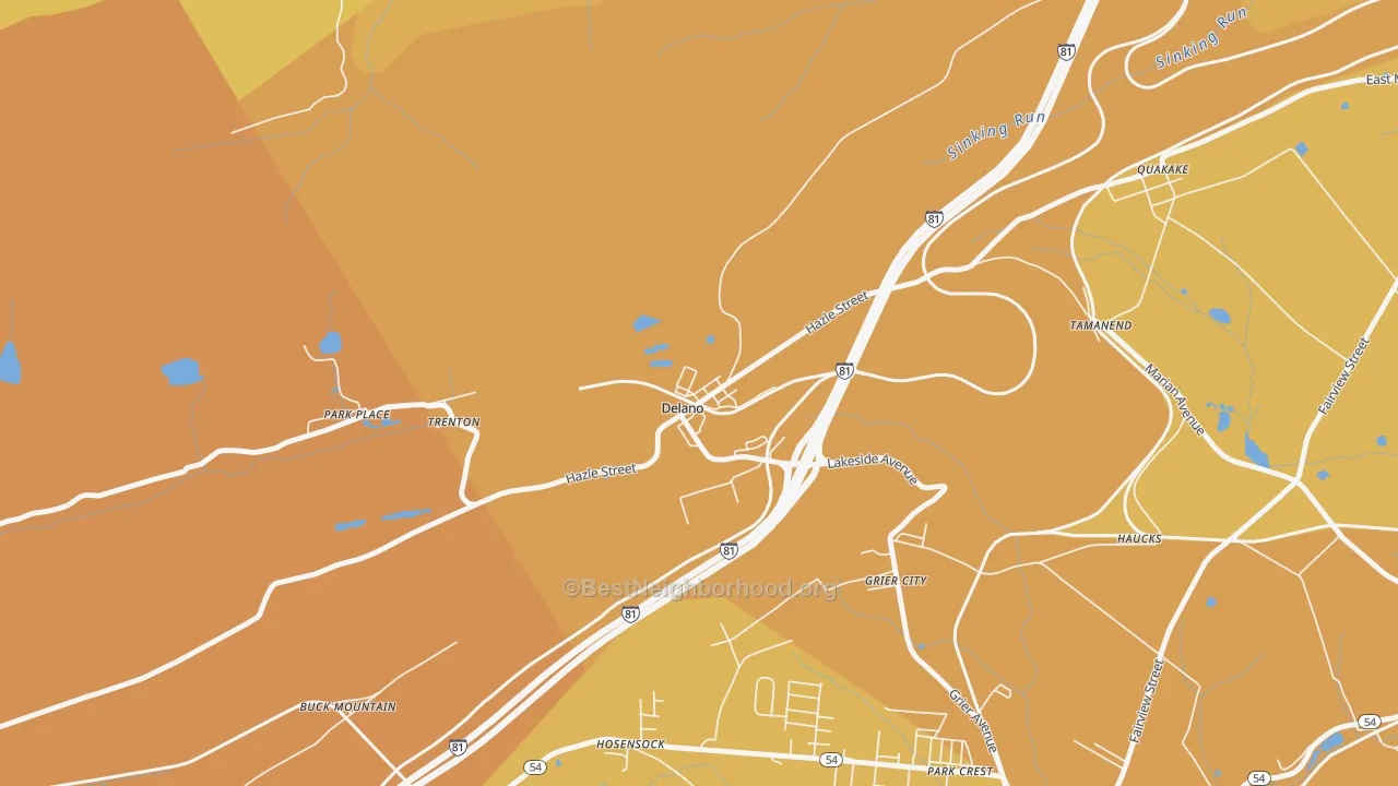 Map of the best neighborhoods in the 18220 area, with better matches in green and worse matches in red