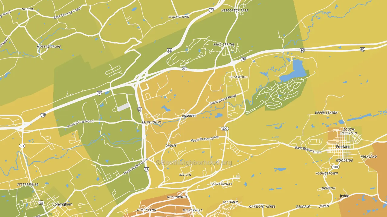 Map of the best neighborhoods in the 18222 area, with better matches in green and worse matches in red