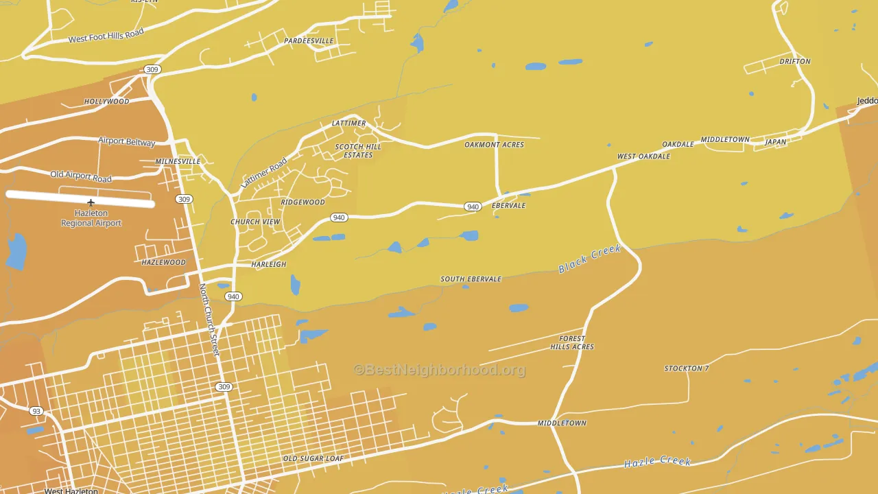 Map of the best neighborhoods in the 18223 area, with better matches in green and worse matches in red