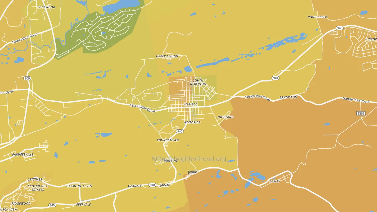 Map of the best neighborhoods in the 18224 area, with better matches in green and worse matches in red