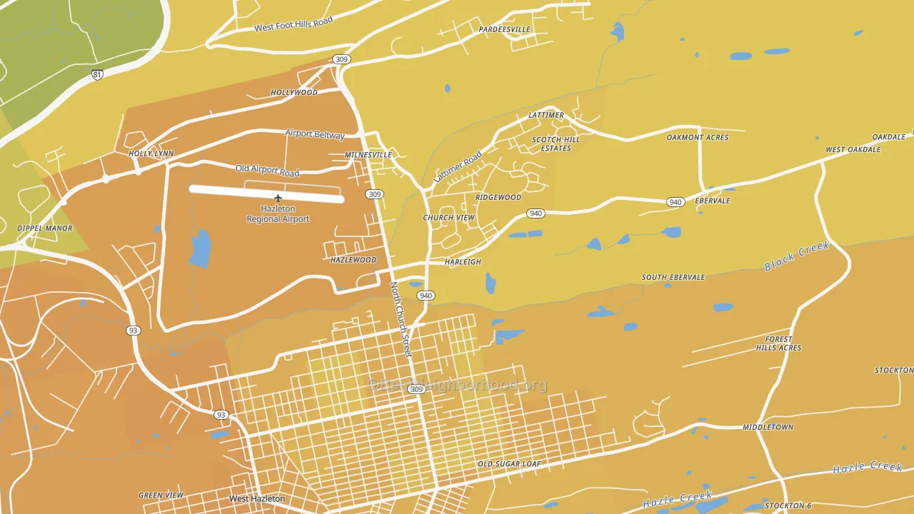 Map of the best neighborhoods in the 18225 area, with better matches in green and worse matches in red