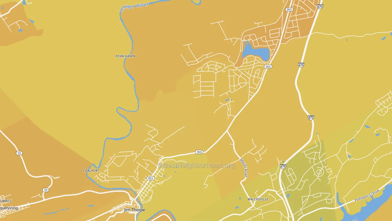 Map of the best neighborhoods in the 18229 area, with better matches in green and worse matches in red
