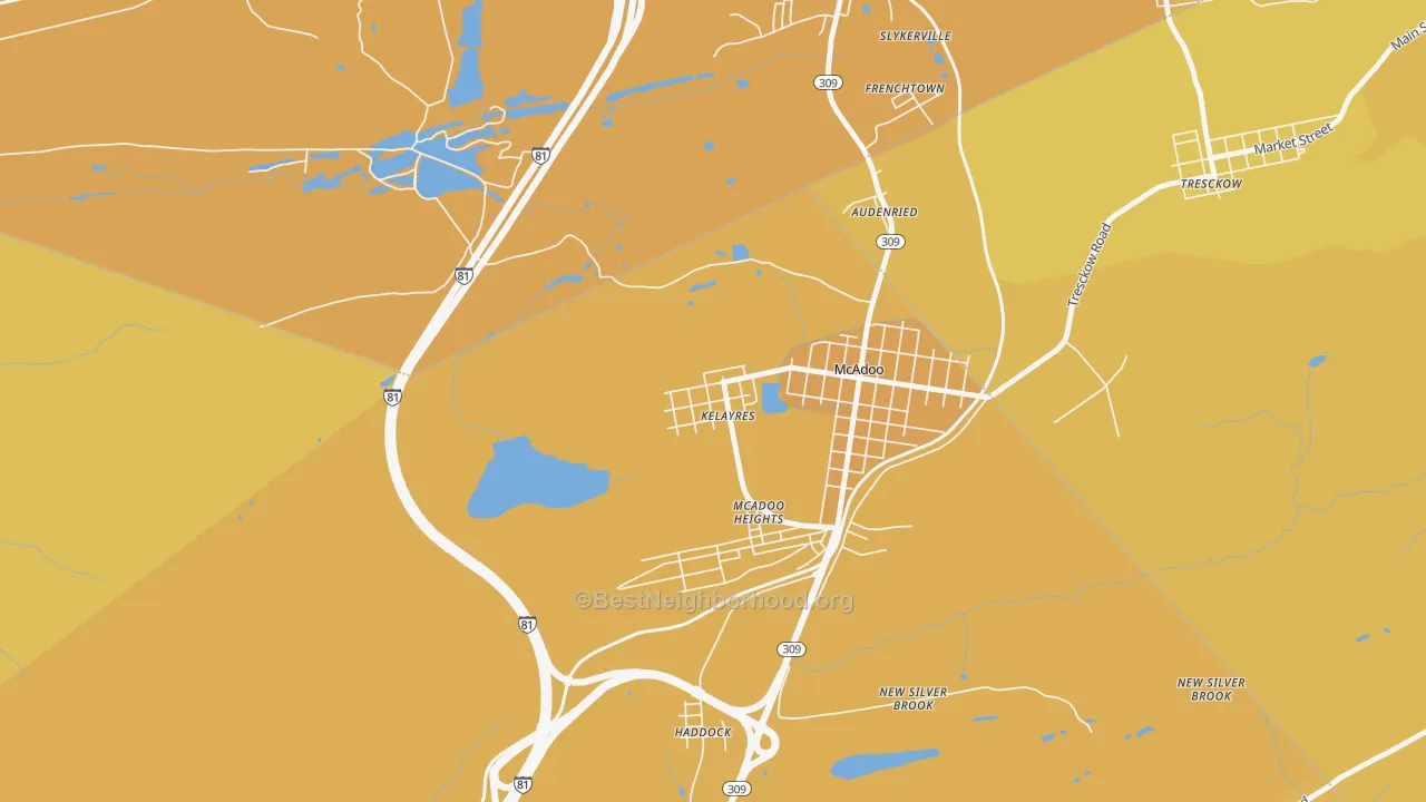Map of the best neighborhoods in the 18231 area, with better matches in green and worse matches in red