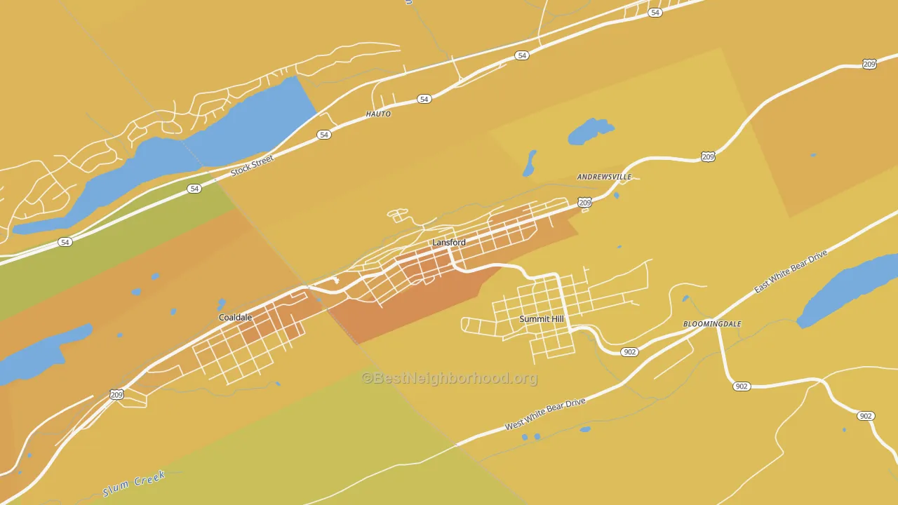 Map of the best neighborhoods in the 18232 area, with better matches in green and worse matches in red