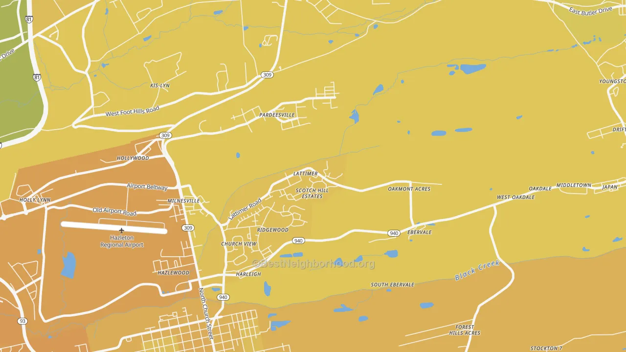 Map of the best neighborhoods in the 18234 area, with better matches in green and worse matches in red