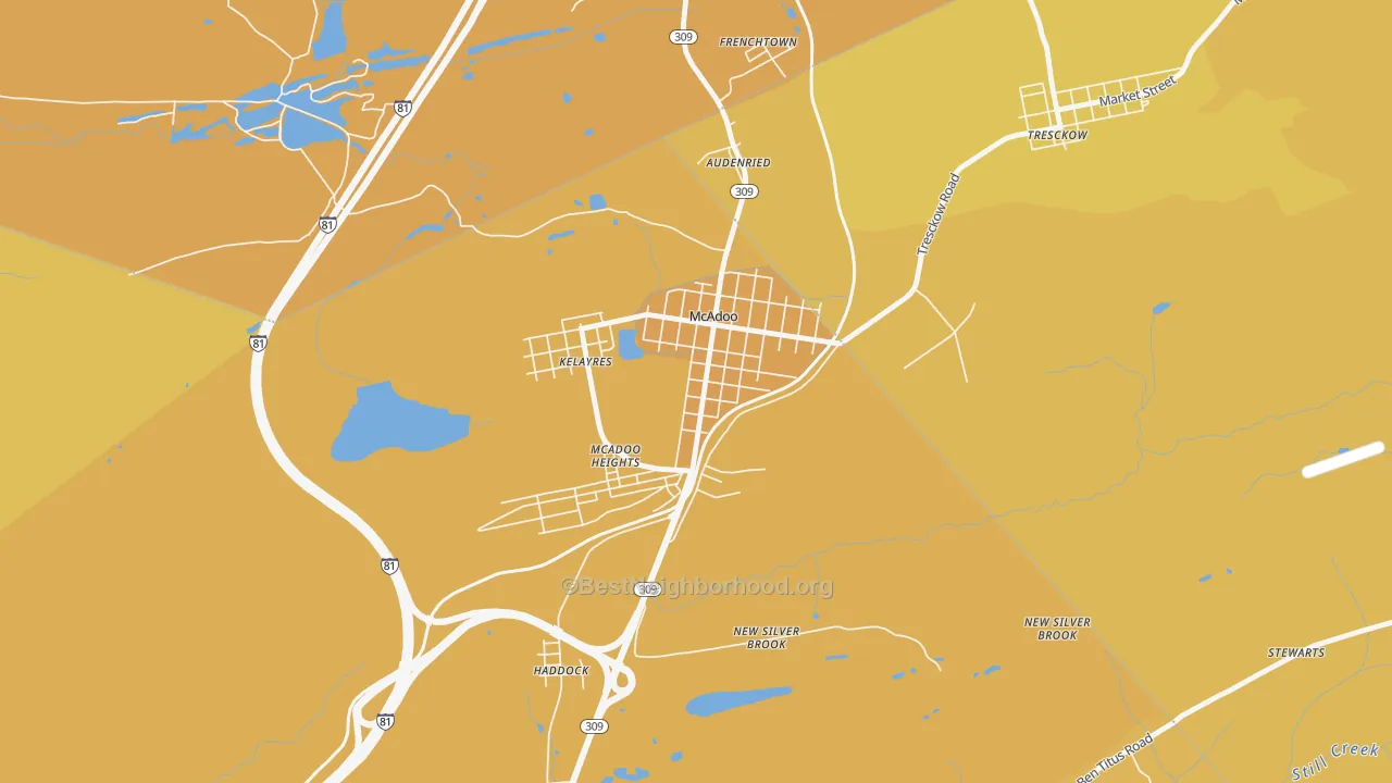 Map of the best neighborhoods in the 18237 area, with better matches in green and worse matches in red