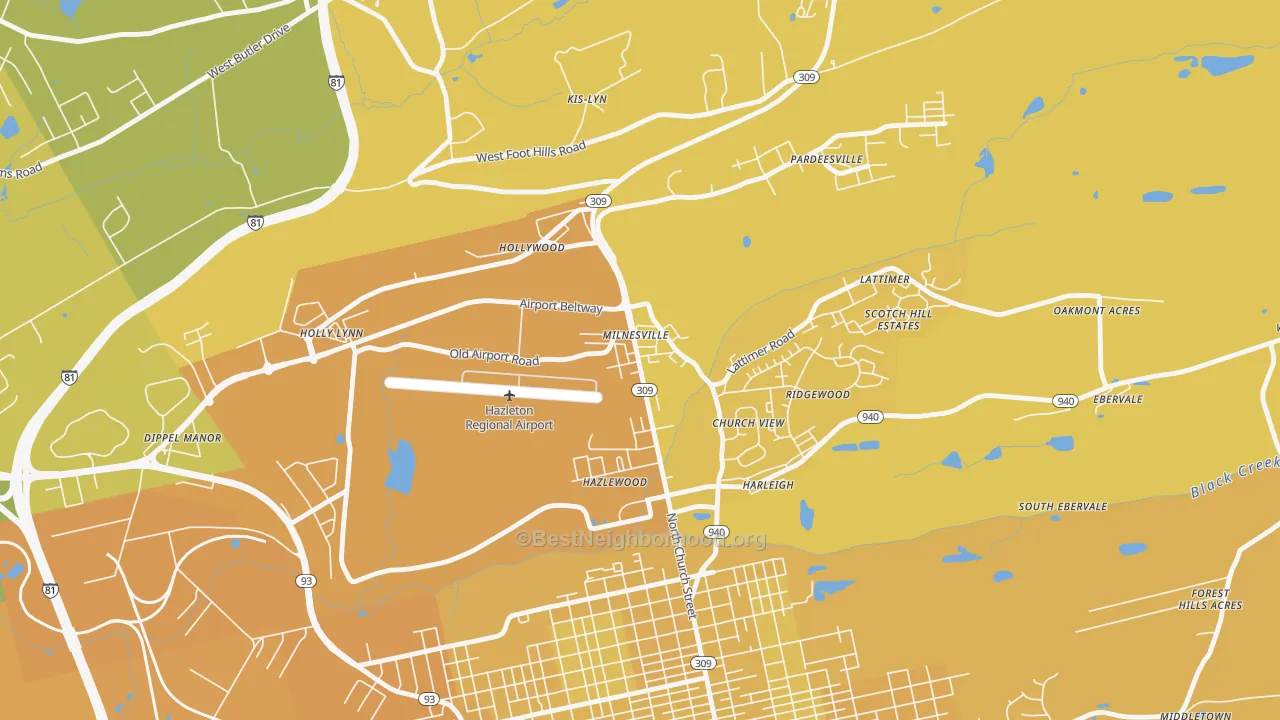Map of the best neighborhoods in the 18239 area, with better matches in green and worse matches in red