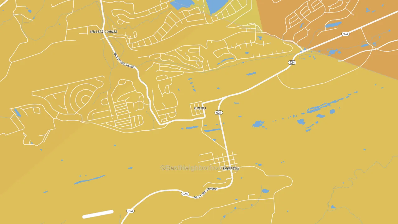 Map of the best neighborhoods in the 18242 area, with better matches in green and worse matches in red