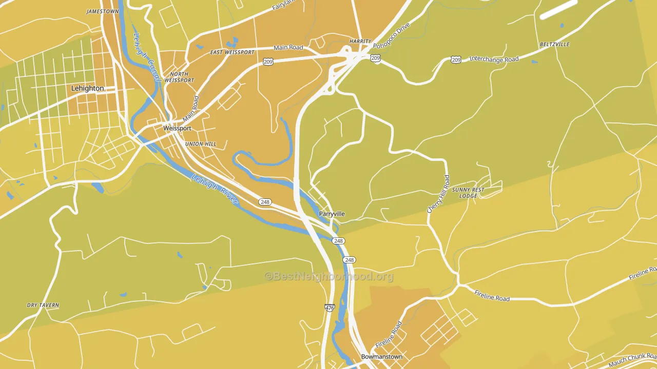 Map of the best neighborhoods in the 18244 area, with better matches in green and worse matches in red