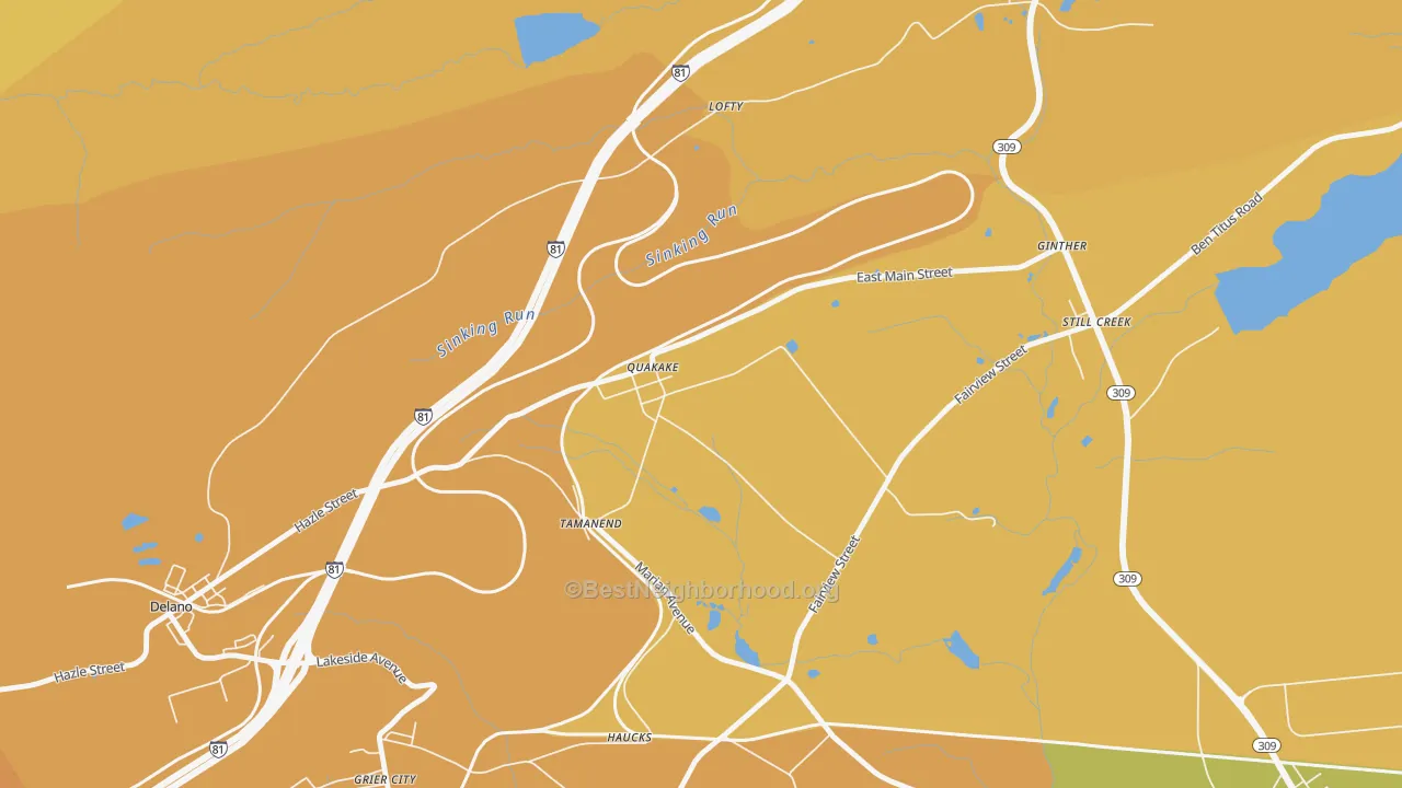 Map of the best neighborhoods in the 18245 area, with better matches in green and worse matches in red