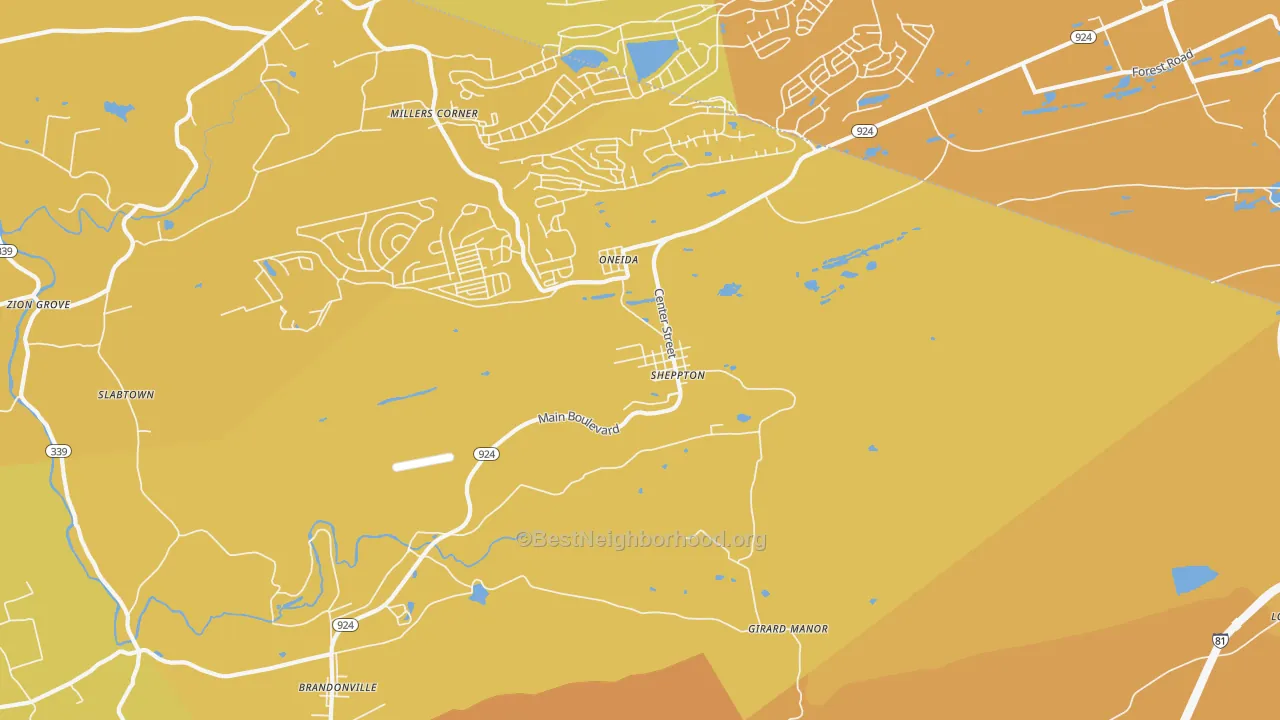 Map of the best neighborhoods in the 18248 area, with better matches in green and worse matches in red