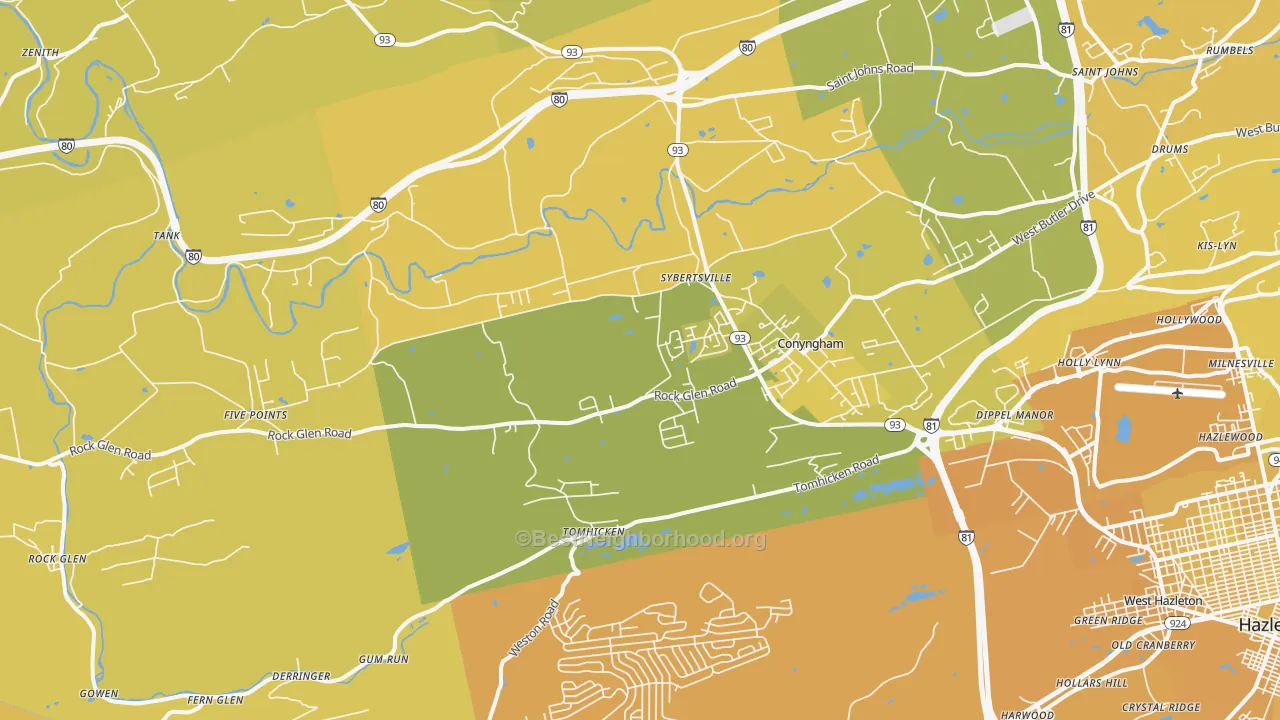 Map of the best neighborhoods in the 18249 area, with better matches in green and worse matches in red
