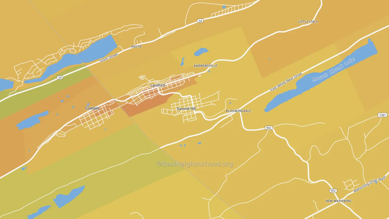 Map of the best neighborhoods in the 18250 area, with better matches in green and worse matches in red