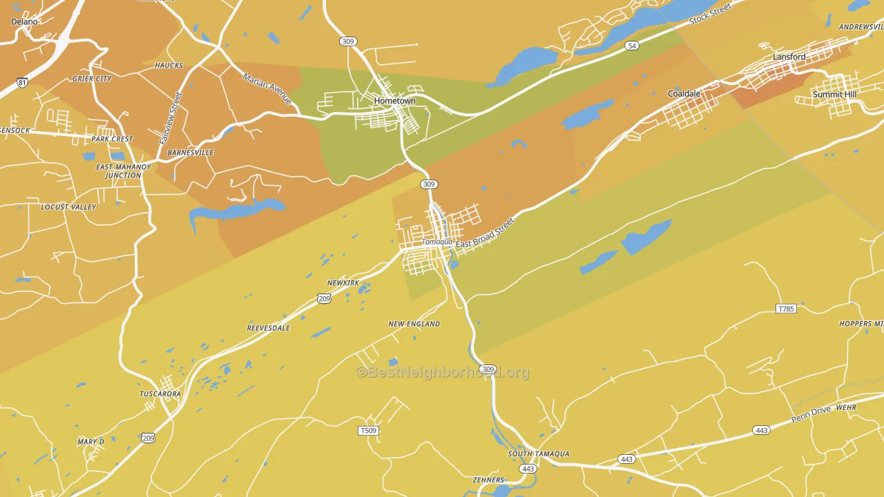 Map of the best neighborhoods in the 18252 area, with better matches in green and worse matches in red