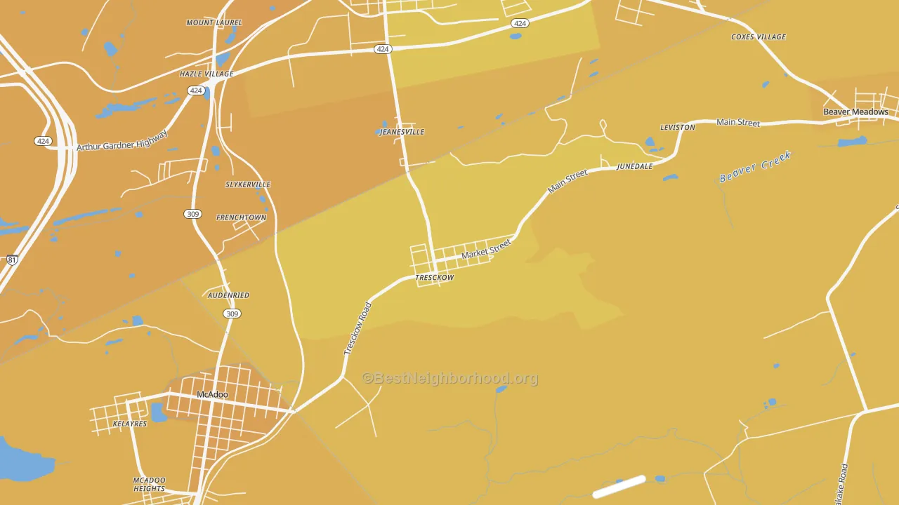 Map of the best neighborhoods in the 18254 area, with better matches in green and worse matches in red