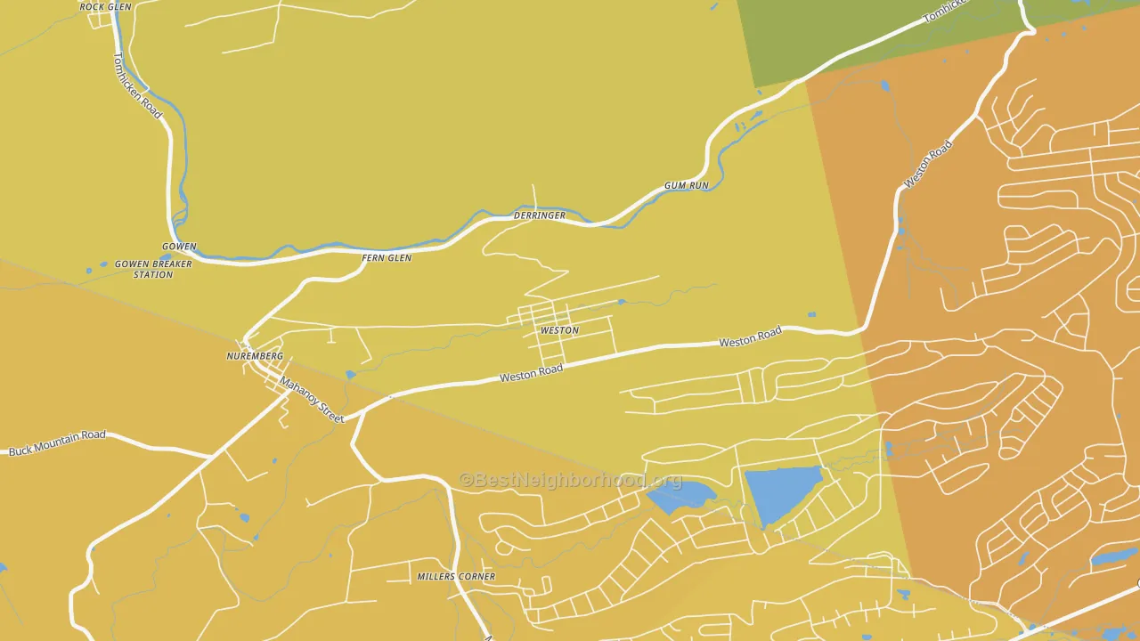 Map of the best neighborhoods in the 18256 area, with better matches in green and worse matches in red