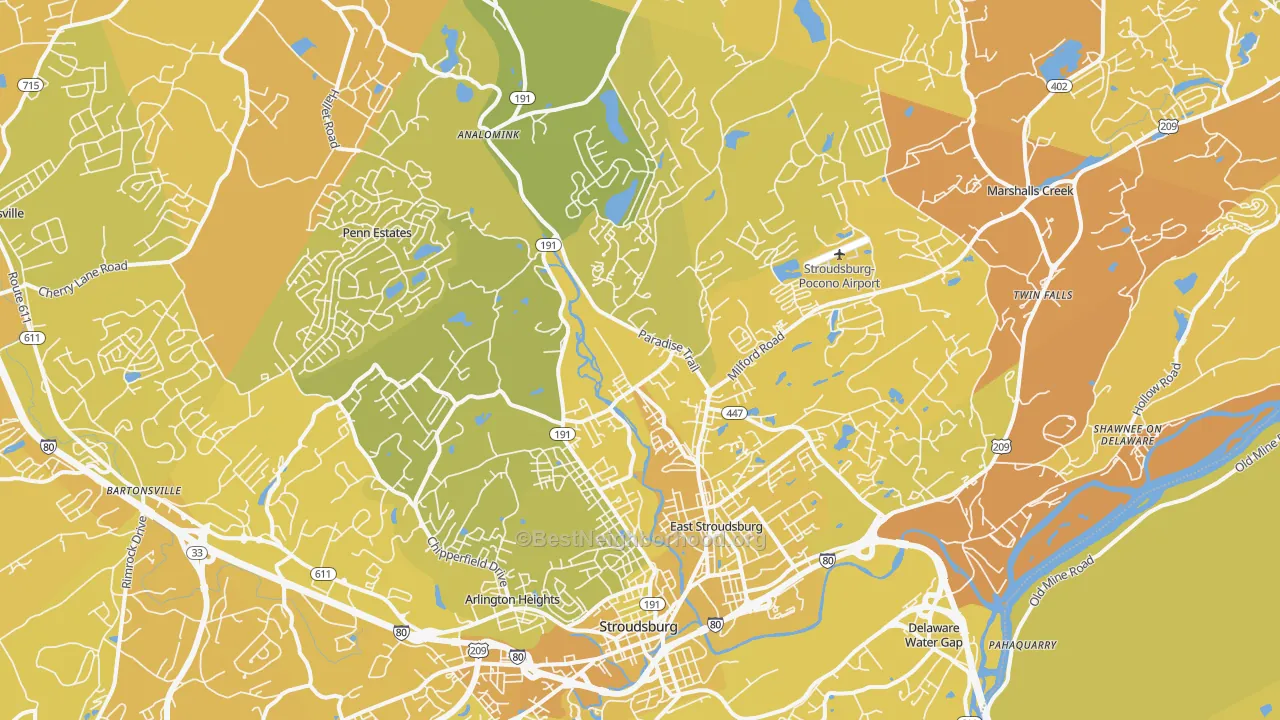 Map of the best neighborhoods in the 18301 area, with better matches in green and worse matches in red