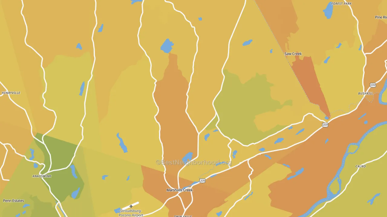 Map of the best neighborhoods in the 18302 area, with better matches in green and worse matches in red