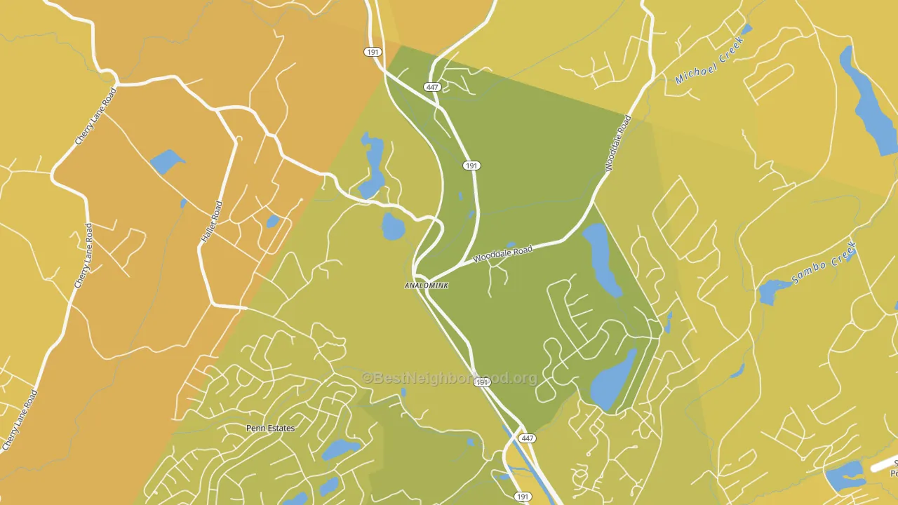 Map of the best neighborhoods in the 18320 area, with better matches in green and worse matches in red
