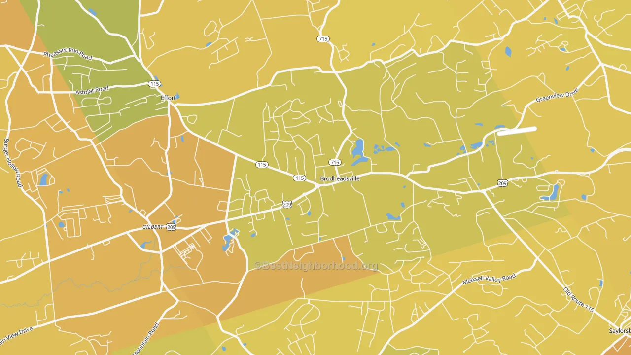 Map of the best neighborhoods in the 18322 area, with better matches in green and worse matches in red