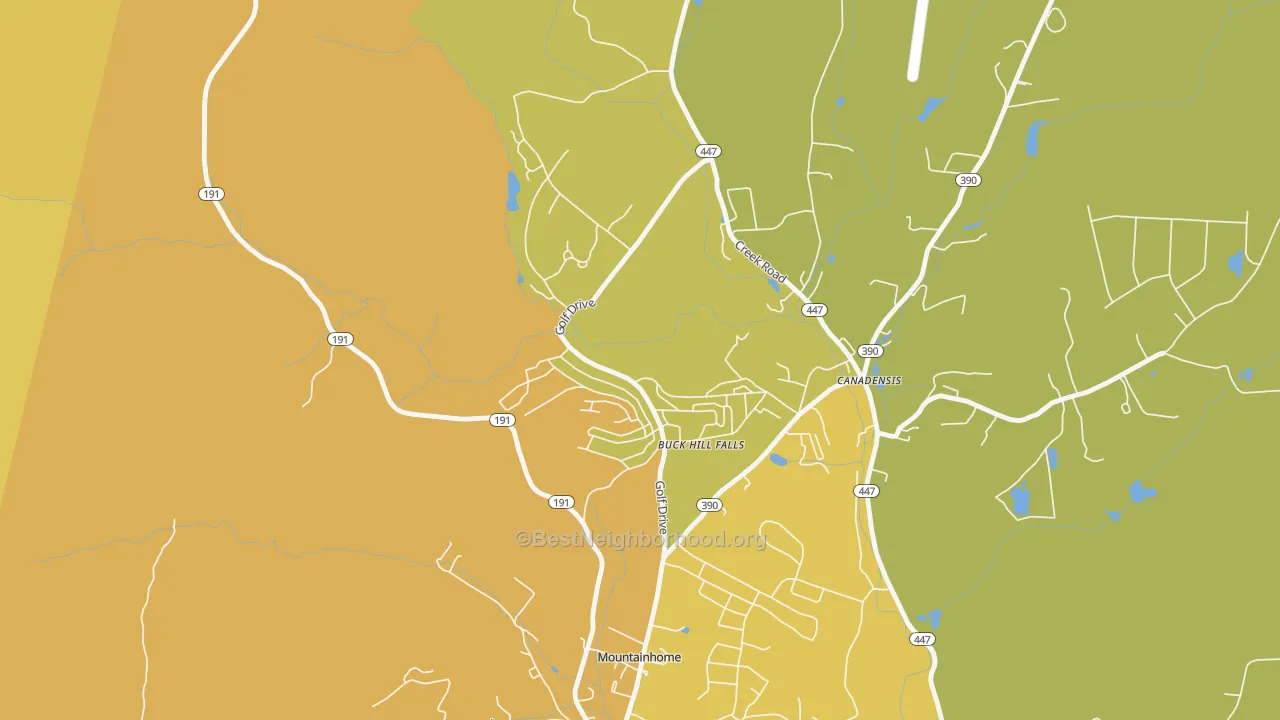 Map of the best neighborhoods in the 18323 area, with better matches in green and worse matches in red