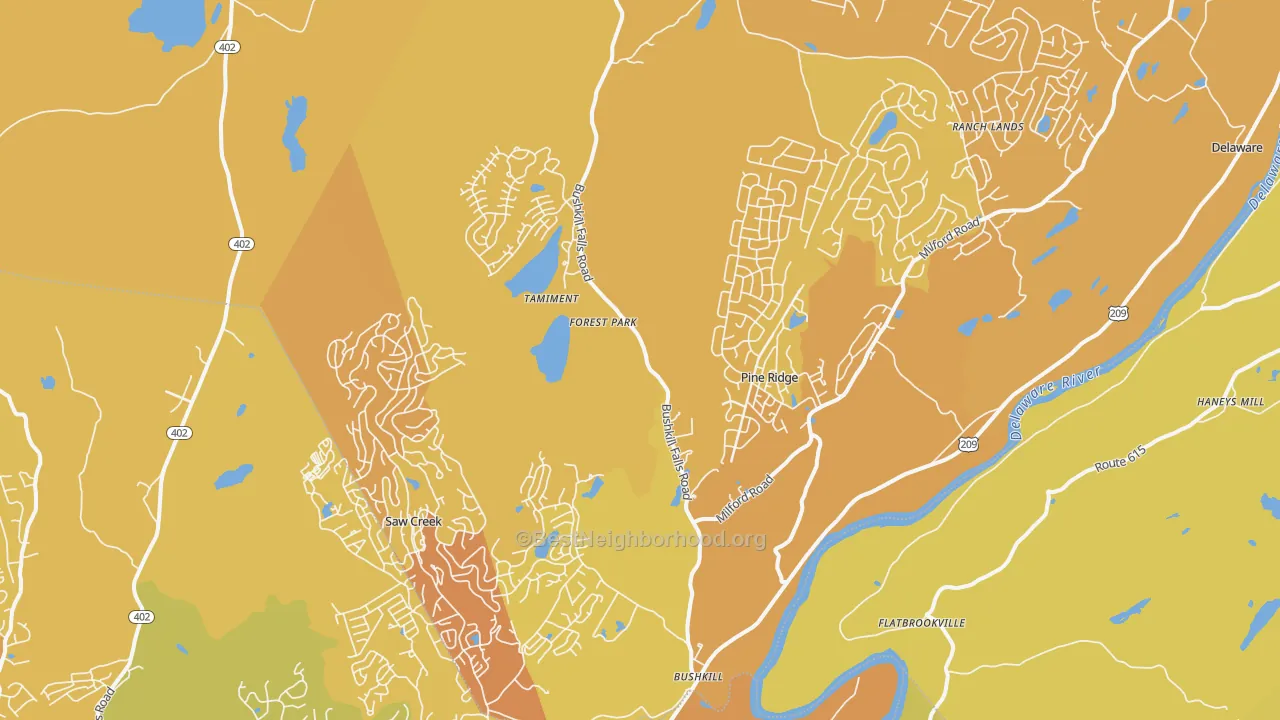 Map of the best neighborhoods in the 18324 area, with better matches in green and worse matches in red
