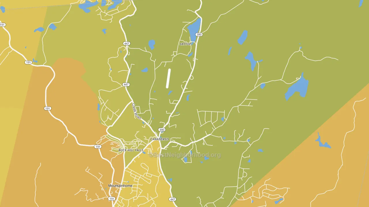 Map of the best neighborhoods in the 18325 area, with better matches in green and worse matches in red