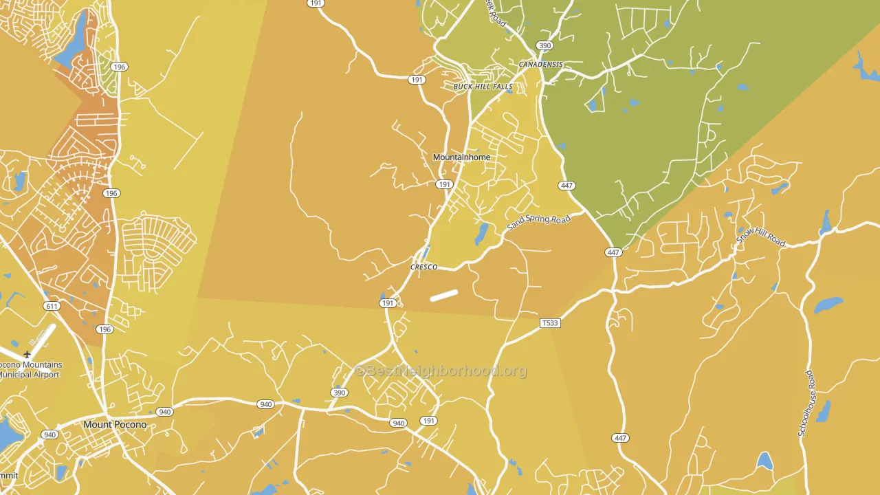 Map of the best neighborhoods in the 18326 area, with better matches in green and worse matches in red