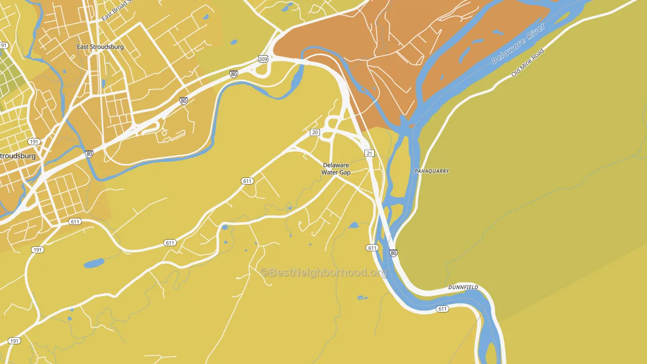 Map of the best neighborhoods in the 18327 area, with better matches in green and worse matches in red