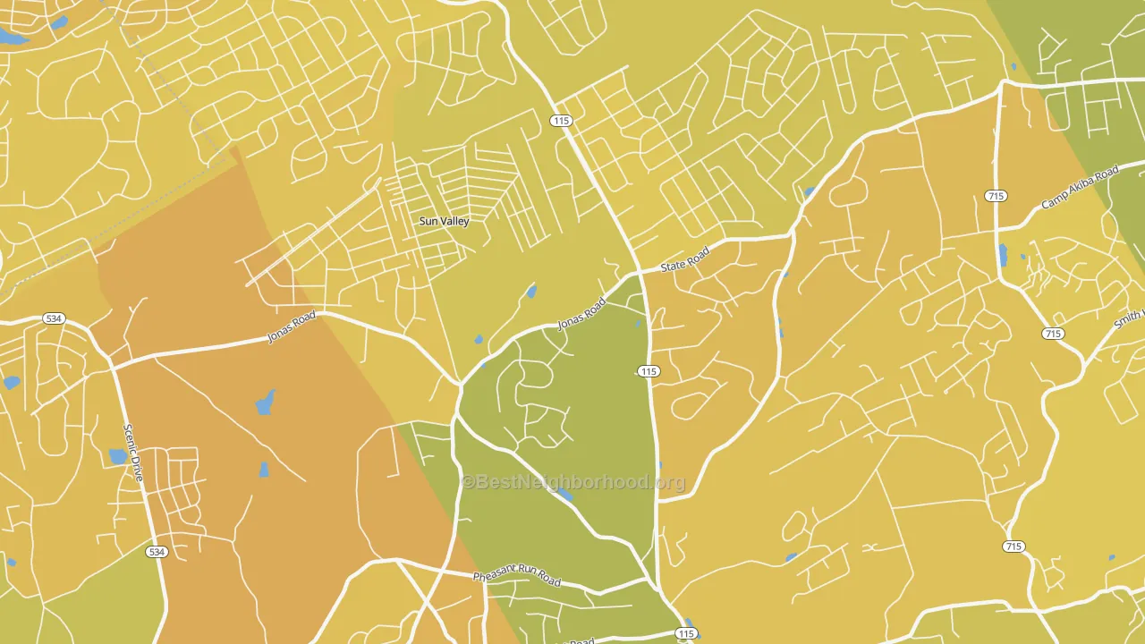 Map of the best neighborhoods in the 18330 area, with better matches in green and worse matches in red