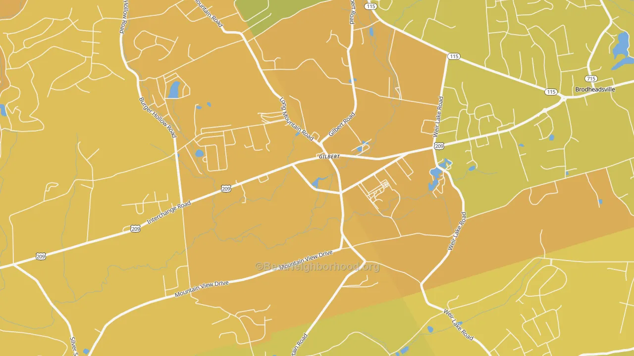 Map of the best neighborhoods in the 18331 area, with better matches in green and worse matches in red