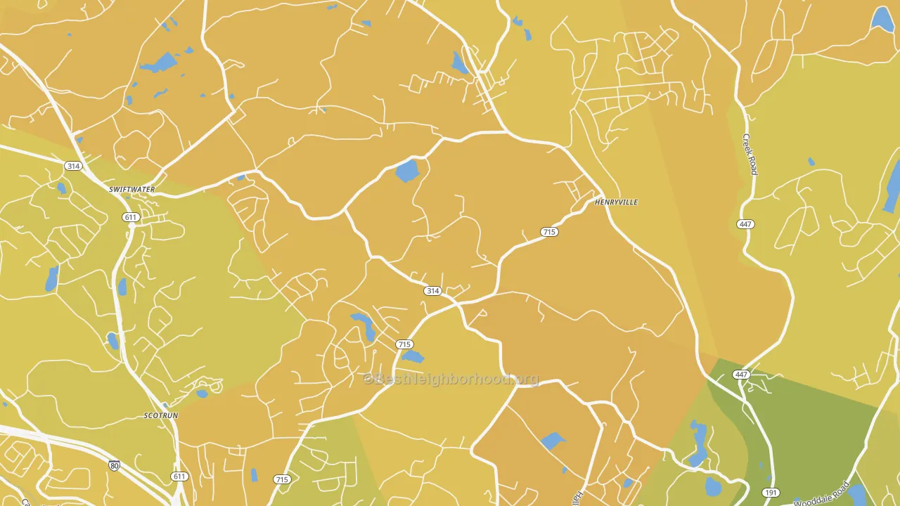 Map of the best neighborhoods in the 18332 area, with better matches in green and worse matches in red