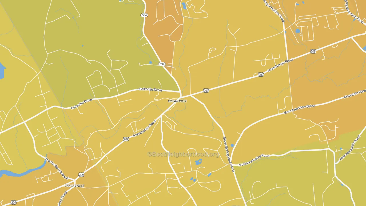 Map of the best neighborhoods in the 18333 area, with better matches in green and worse matches in red