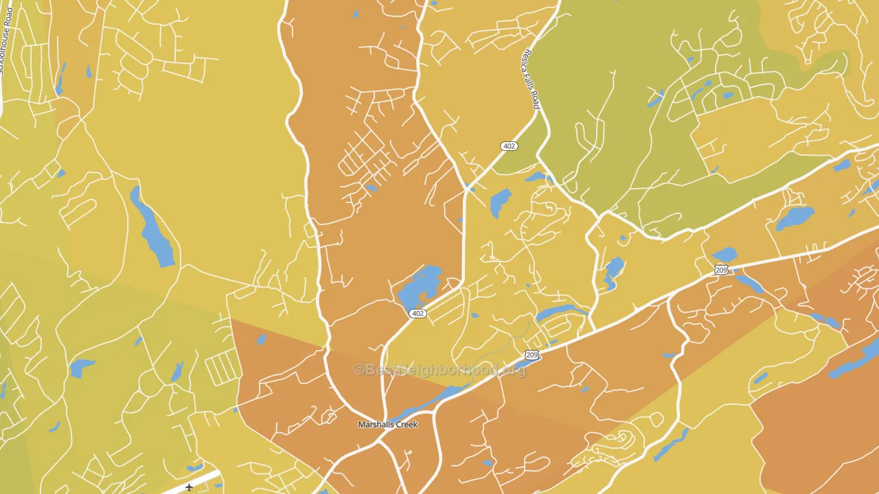 Map of the best neighborhoods in the 18335 area, with better matches in green and worse matches in red