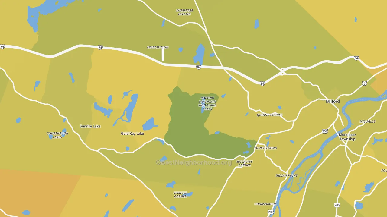 Map of the best neighborhoods in the 18337 area, with better matches in green and worse matches in red