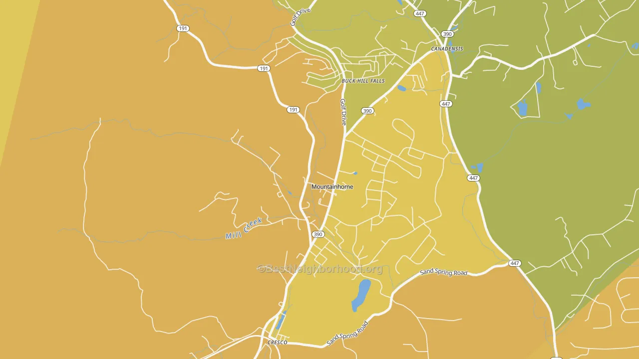 Map of the best neighborhoods in the 18342 area, with better matches in green and worse matches in red