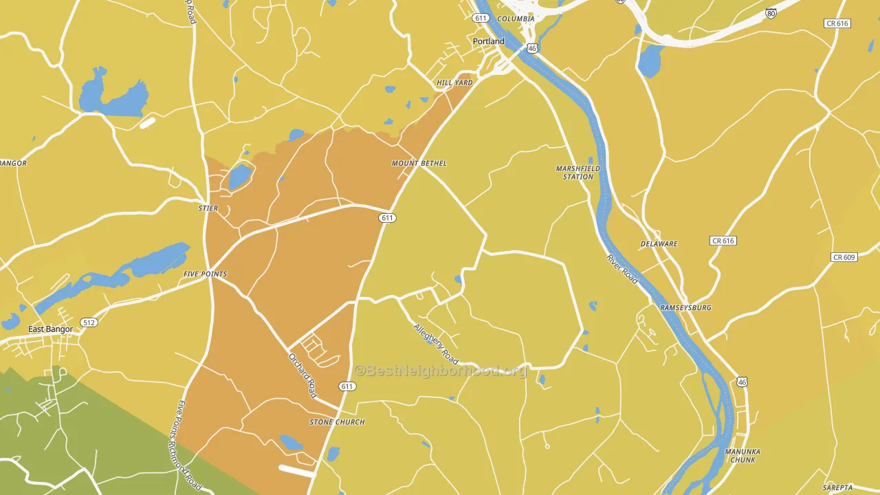 Map of the best neighborhoods in the 18343 area, with better matches in green and worse matches in red