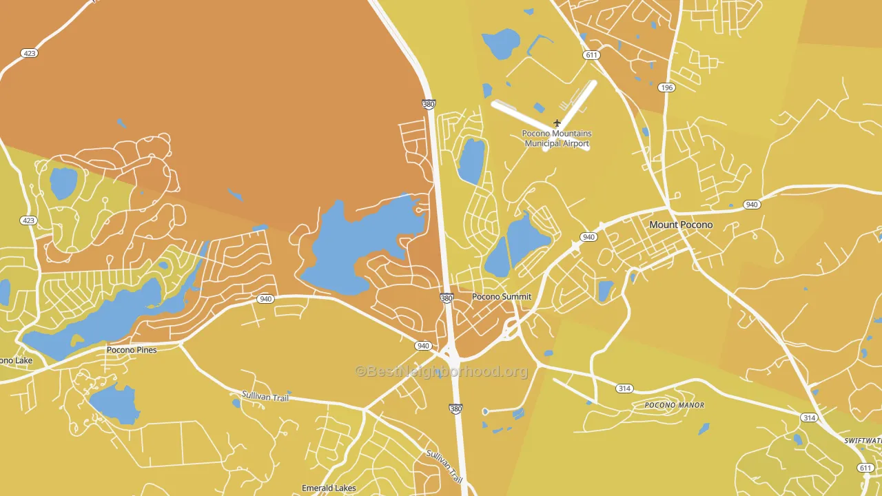 Map of the best neighborhoods in the 18346 area, with better matches in green and worse matches in red