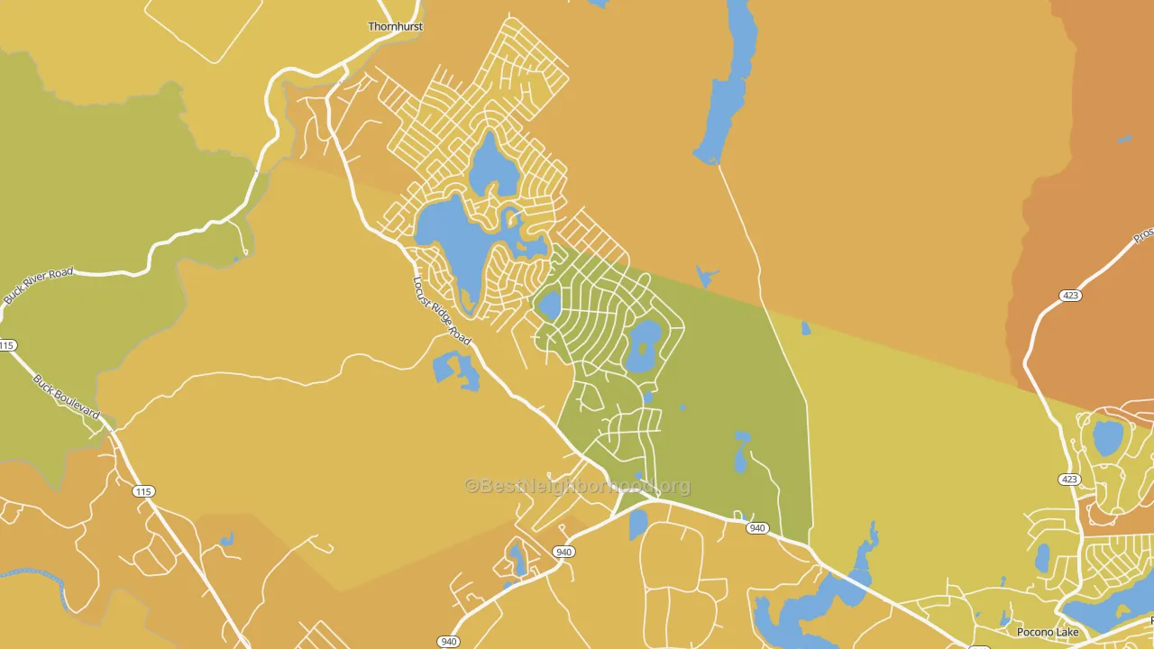 Map of the best neighborhoods in the 18347 area, with better matches in green and worse matches in red