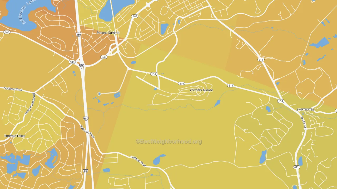 Map of the best neighborhoods in the 18349 area, with better matches in green and worse matches in red