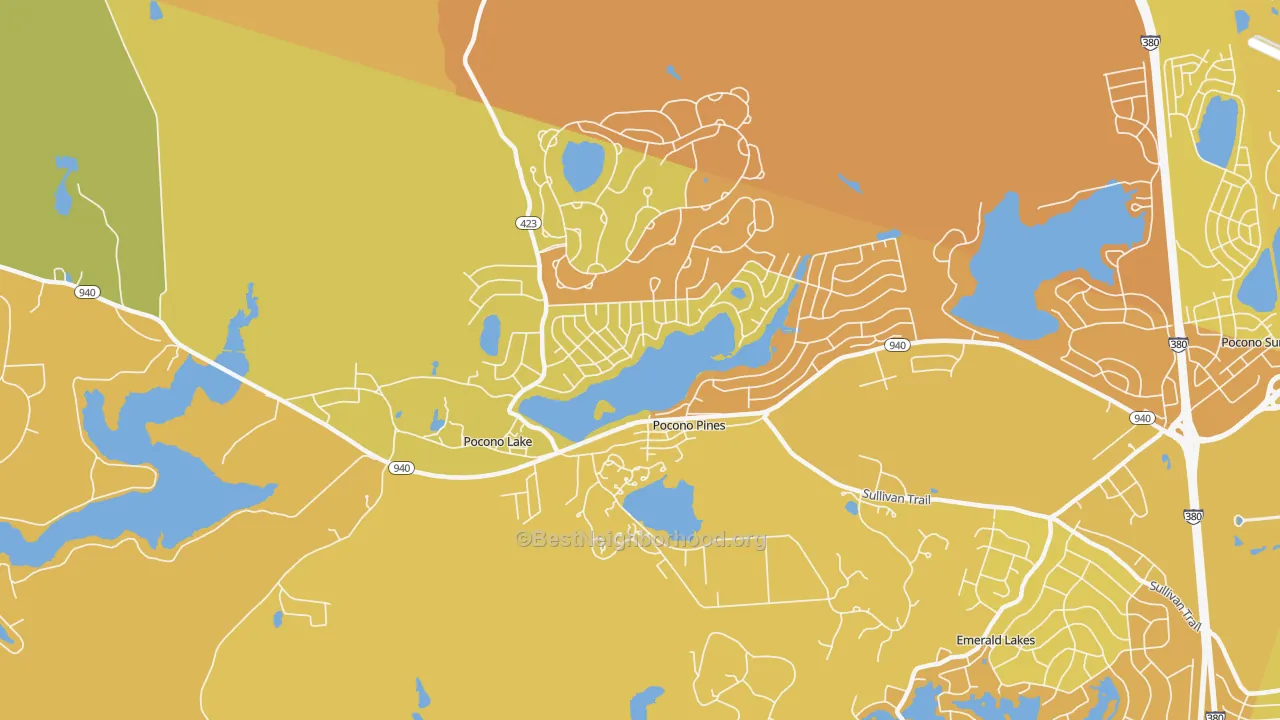 Map of the best neighborhoods in the 18350 area, with better matches in green and worse matches in red