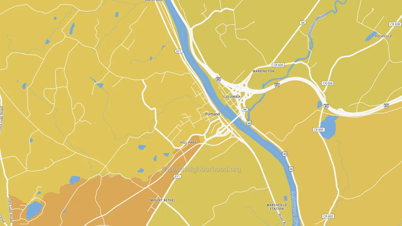 Map of the best neighborhoods in the 18351 area, with better matches in green and worse matches in red