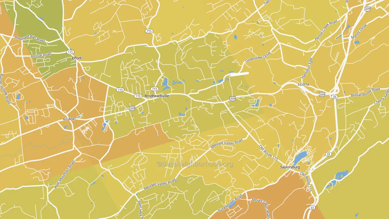 Map of the best neighborhoods in the 18353 area, with better matches in green and worse matches in red