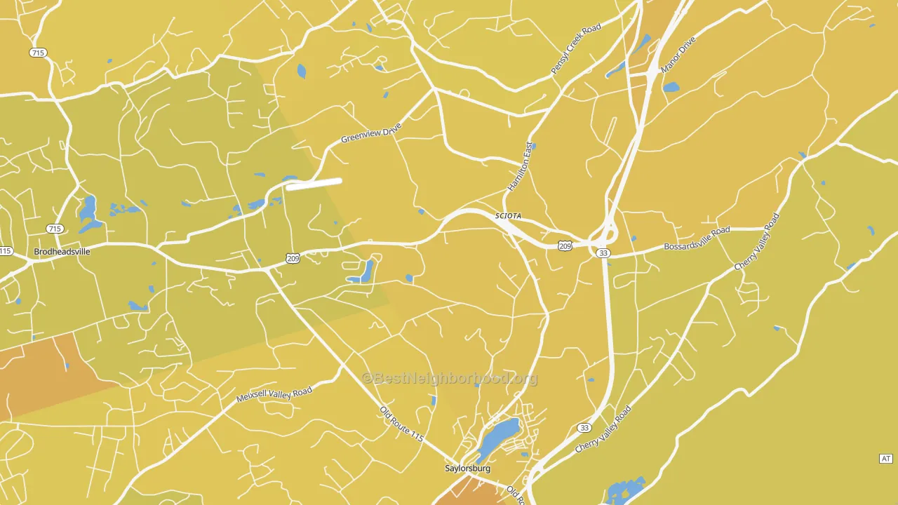 Map of the best neighborhoods in the 18354 area, with better matches in green and worse matches in red