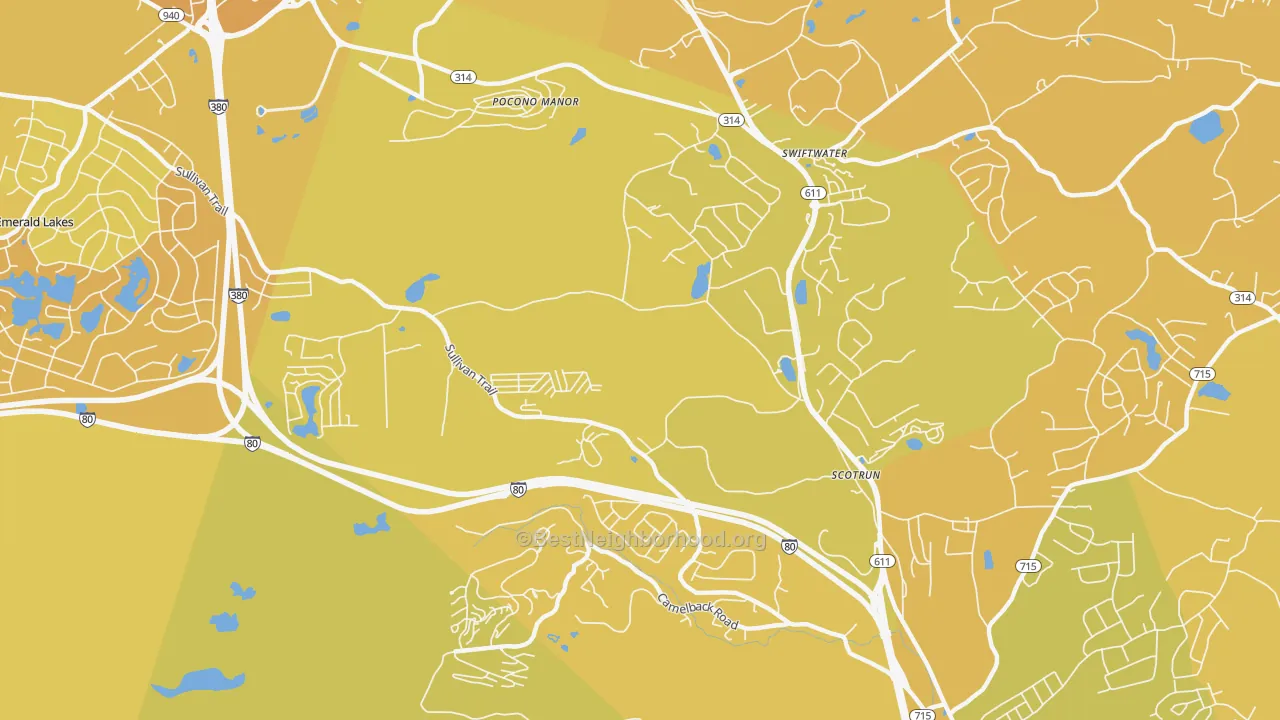 Map of the best neighborhoods in the 18355 area, with better matches in green and worse matches in red