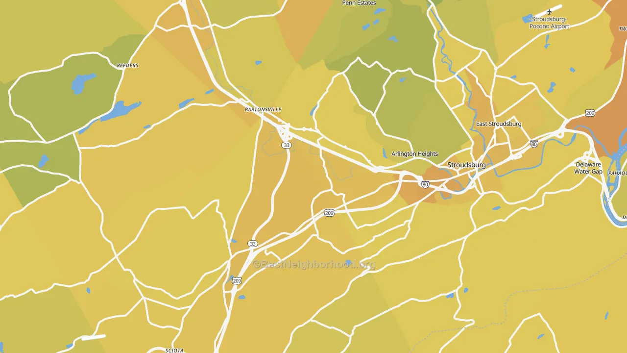Map of the best neighborhoods in the 18360 area, with better matches in green and worse matches in red