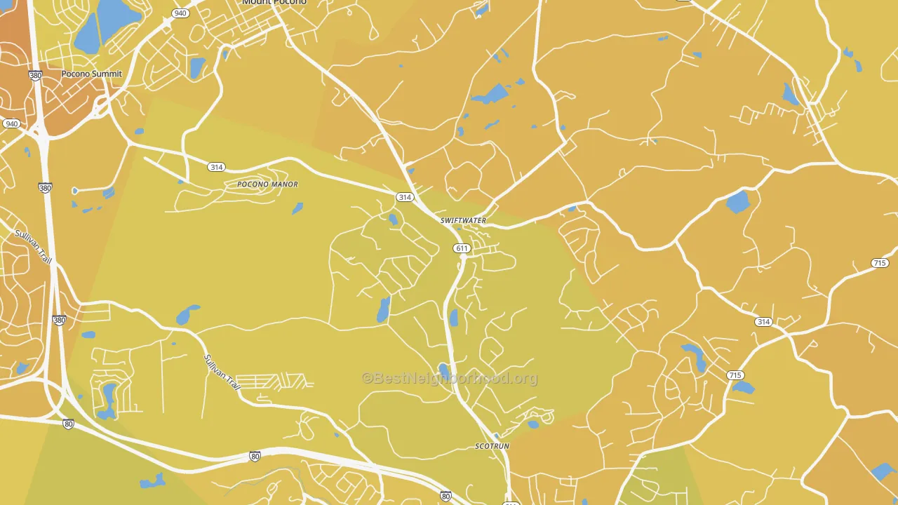 Map of the best neighborhoods in the 18370 area, with better matches in green and worse matches in red