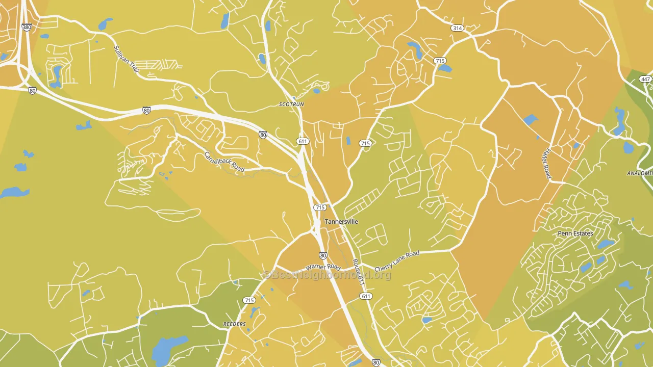 Map of the best neighborhoods in the 18372 area, with better matches in green and worse matches in red
