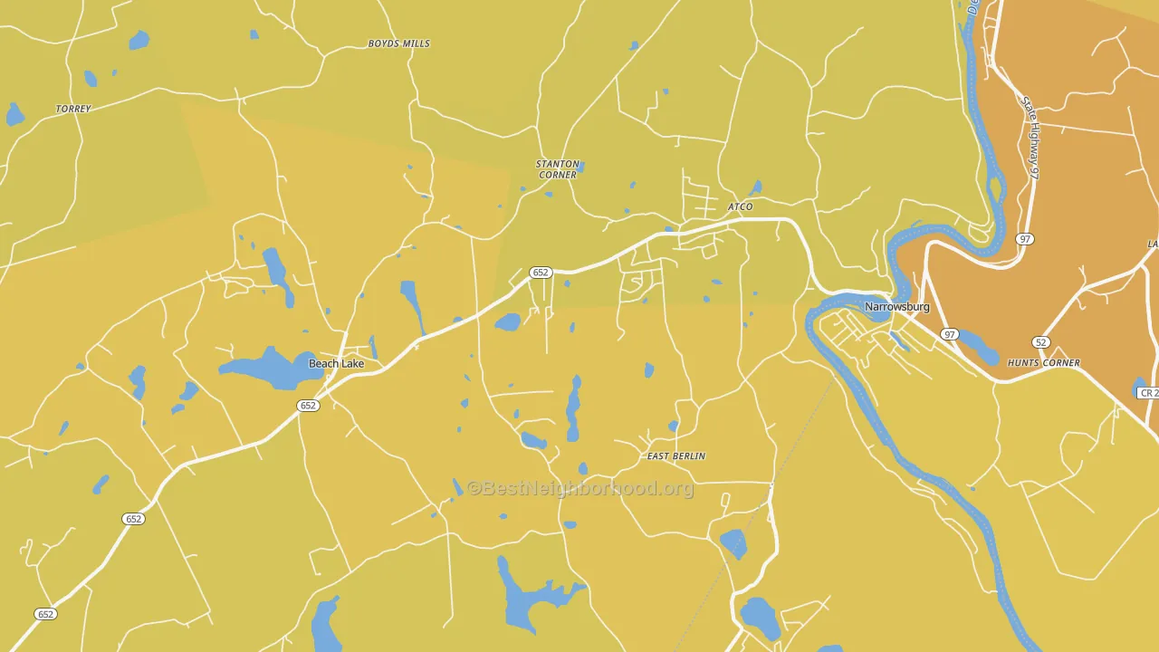 Map of the best neighborhoods in the 18405 area, with better matches in green and worse matches in red