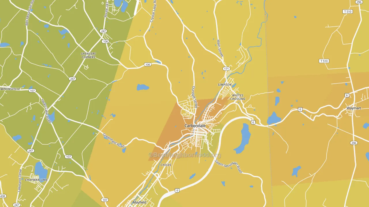 Map of the best neighborhoods in the 18407 area, with better matches in green and worse matches in red